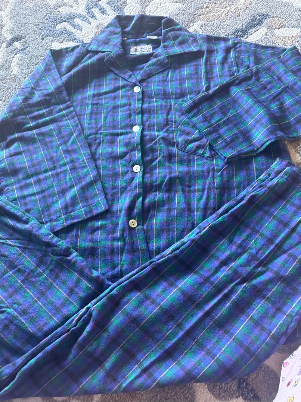 Women’s cotton vintage  Blue Green Plaid Button-Up pajamas sets size L Filigree